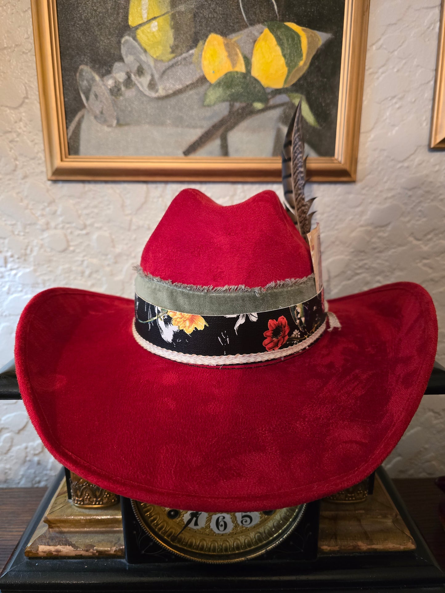 Red Faux Suede Cowboy Hat with Layered Hatband & Feathers