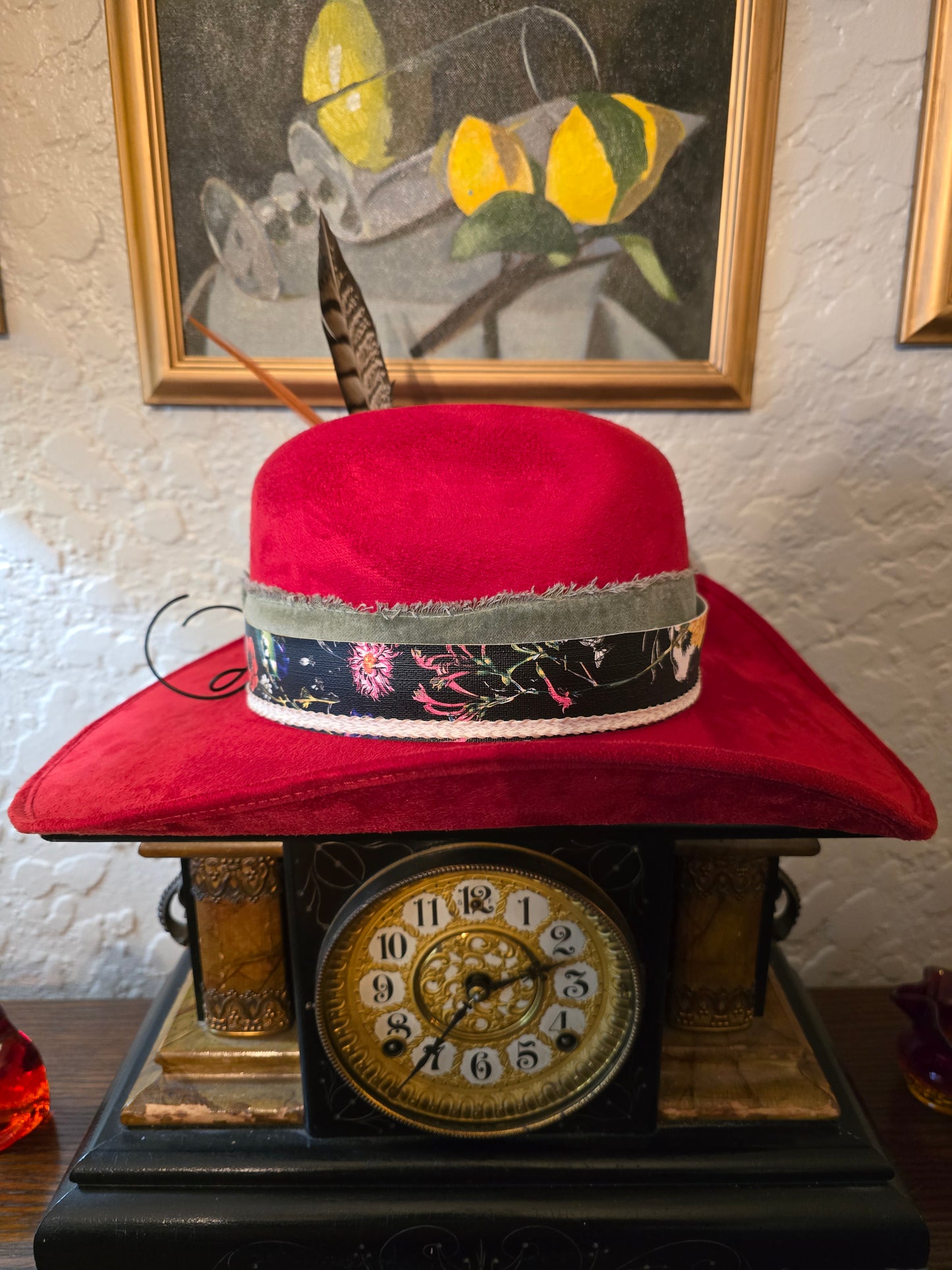 Red Faux Suede Cowboy Hat with Layered Hatband & Feathers