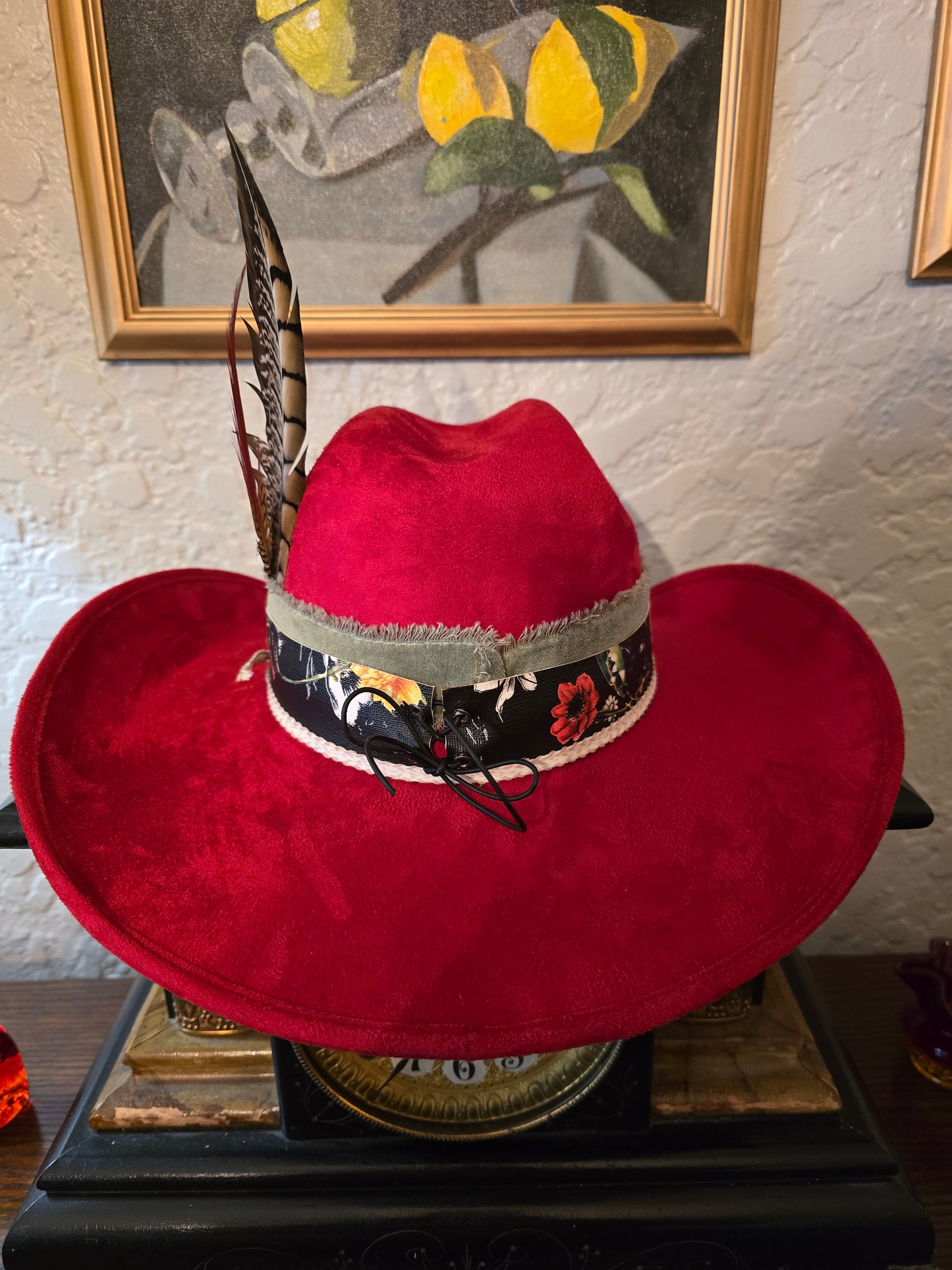 Red Faux Suede Cowboy Hat with Layered Hatband & Feathers