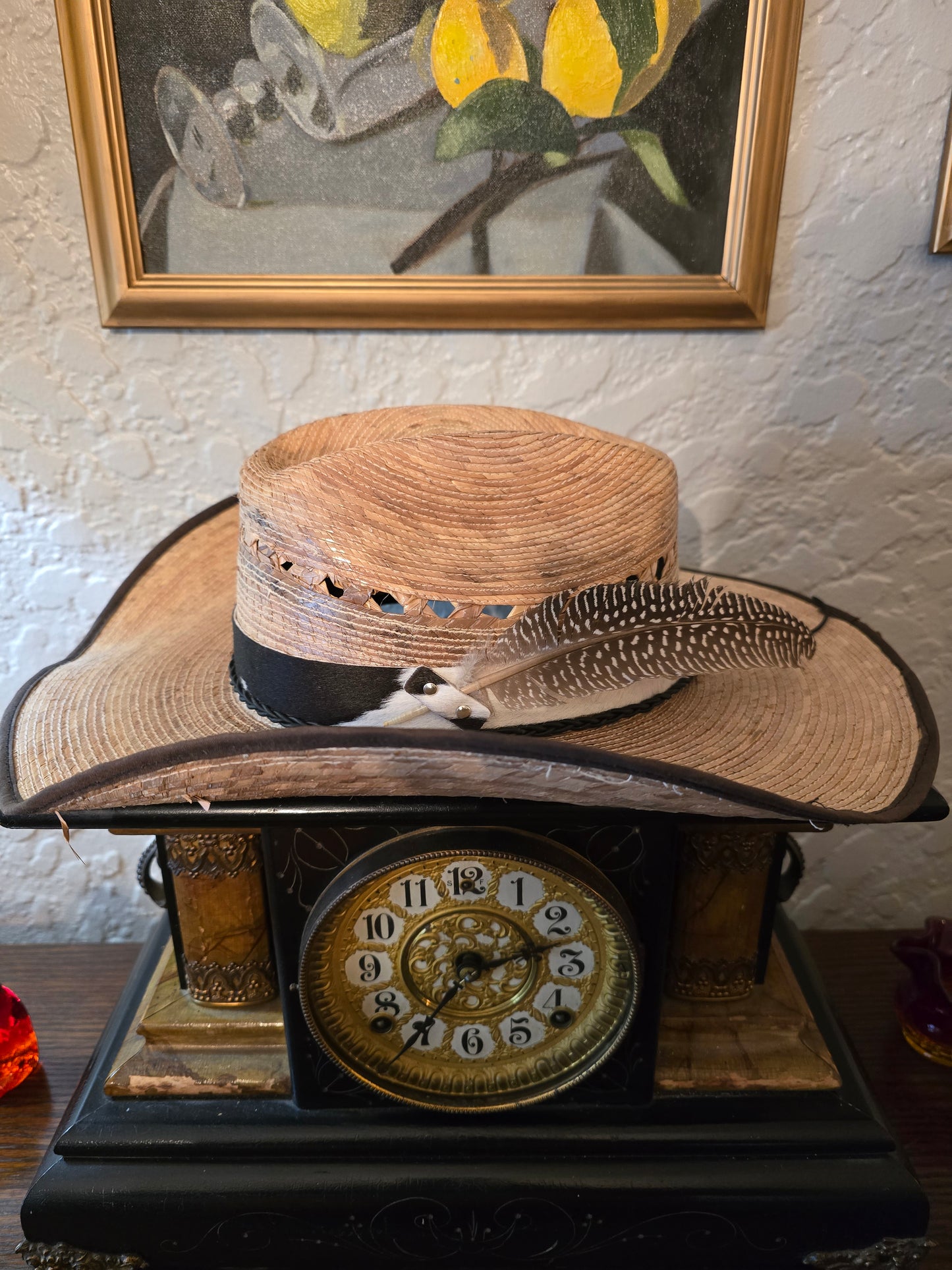 Premium Straw Cowboy Hat with Cowhide Hatband & Feather