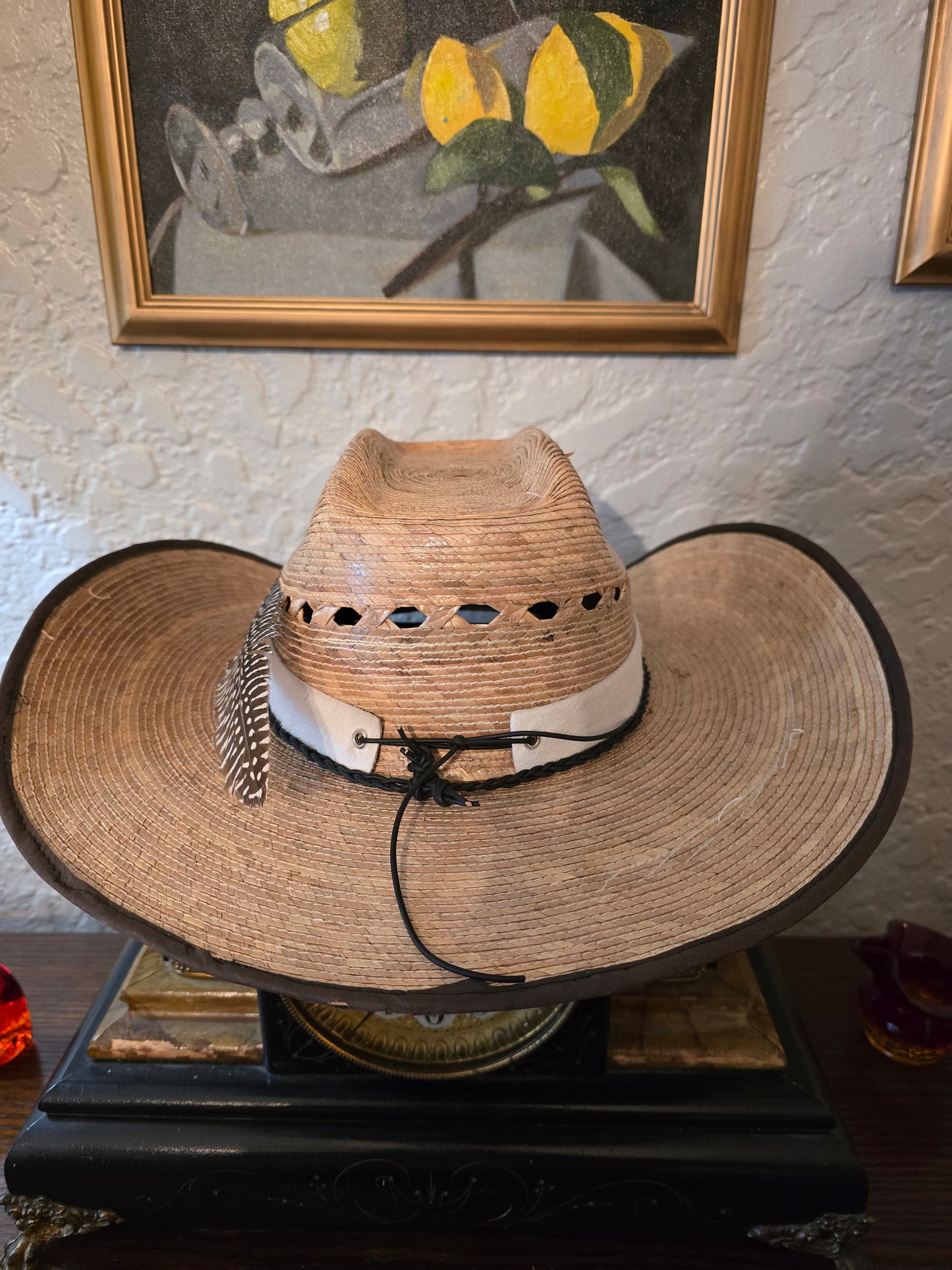 Premium Straw Cowboy Hat with Cowhide Hatband & Feather
