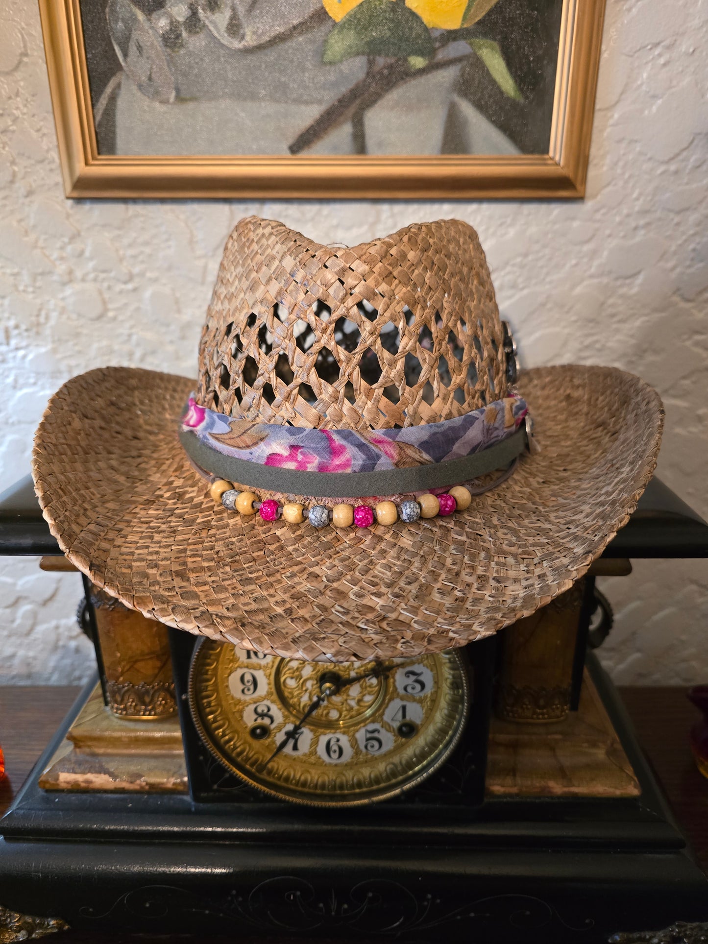 Vented Straw Cowboy Hat with Fabric Hatband, Brooch & Feather