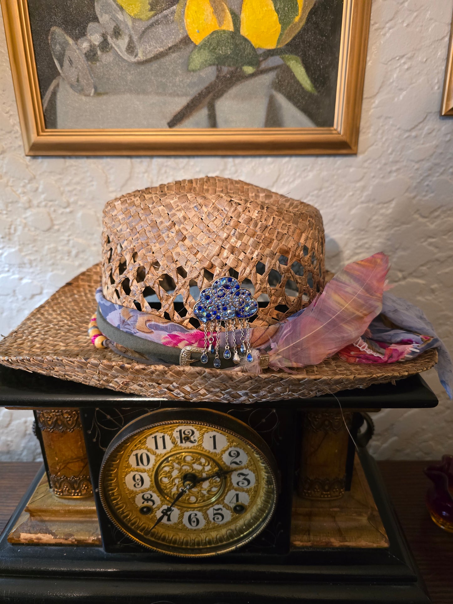 Vented Straw Cowboy Hat with Fabric Hatband, Brooch & Feather