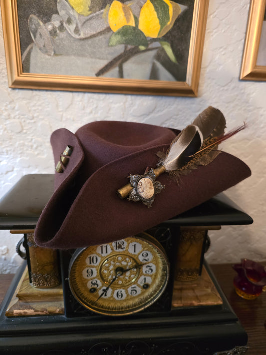 100% Wool Felt Brown Tricorn Hat with Cameo Brooch & Feathers