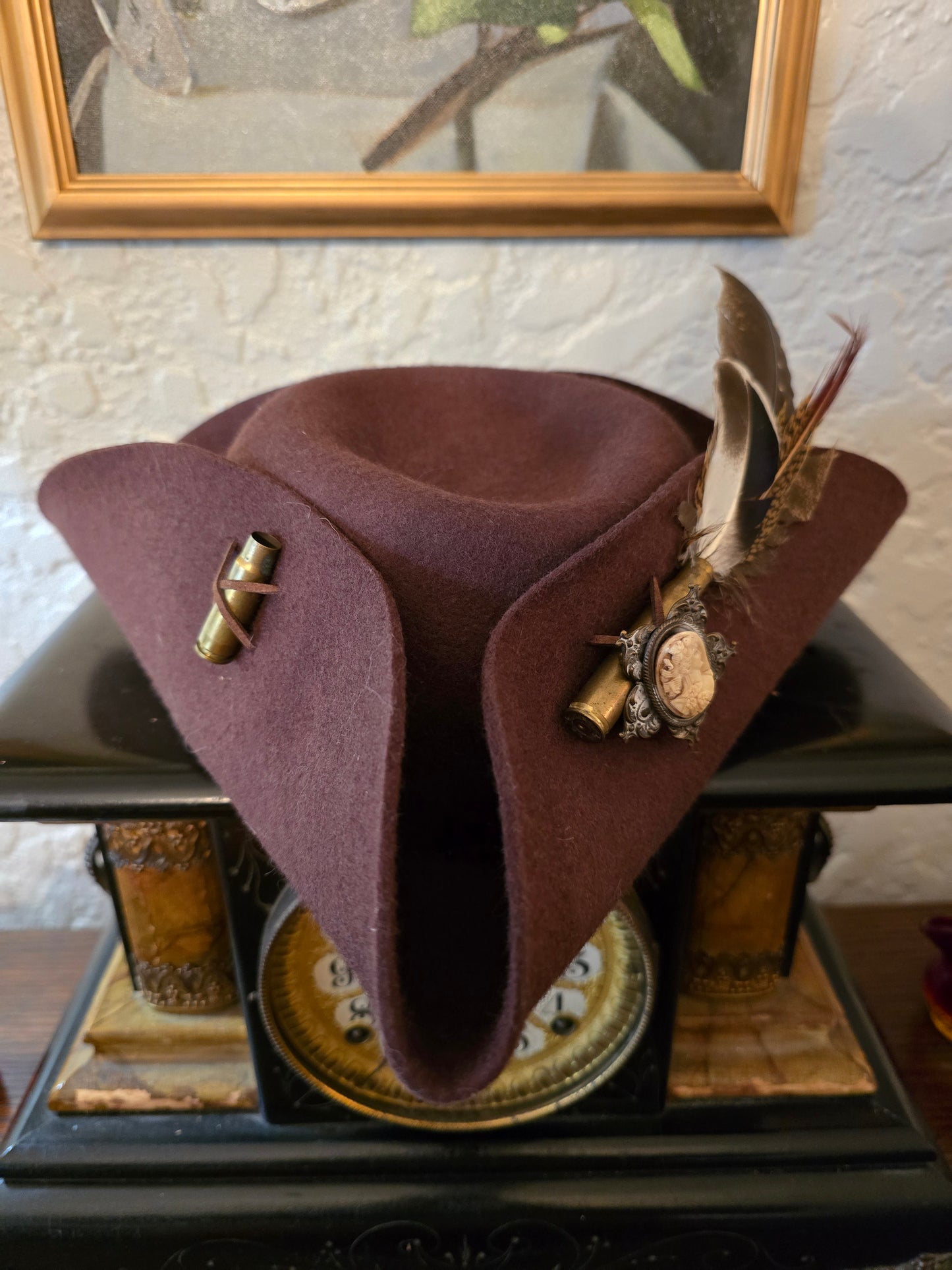 100% Wool Felt Brown Tricorn Hat with Cameo Brooch & Feathers