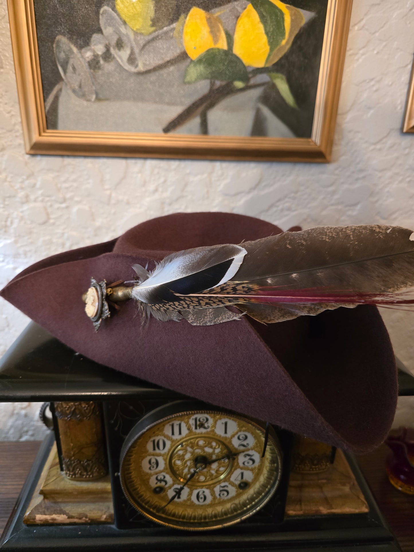 100% Wool Felt Brown Tricorn Hat with Cameo Brooch & Feathers