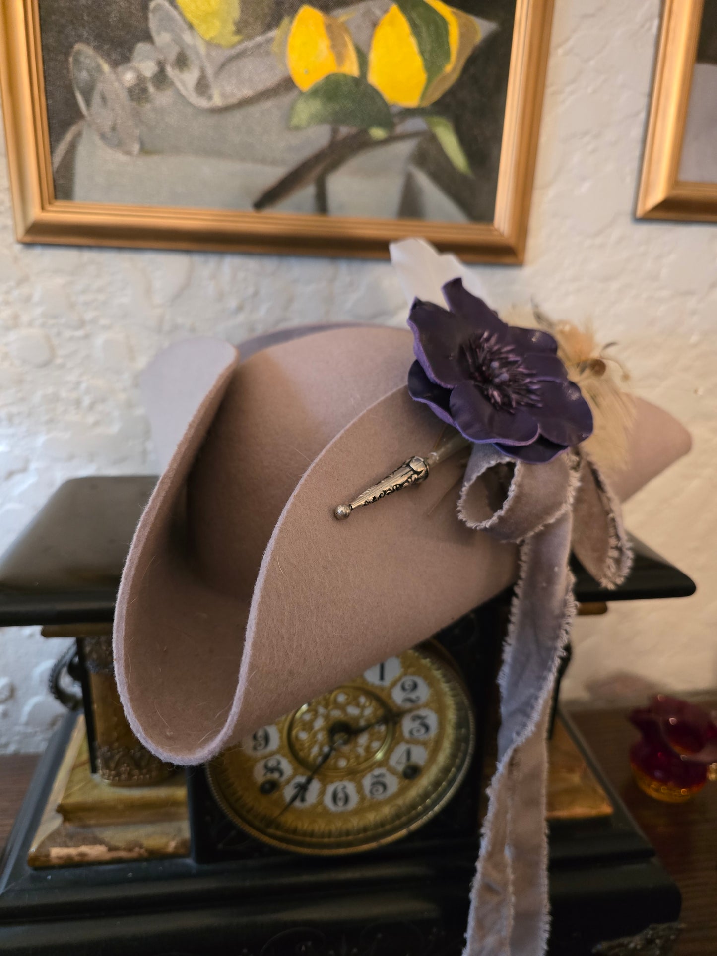 100% Wool Felt Mauve Tricorn Hat with Plumage & Brooch
