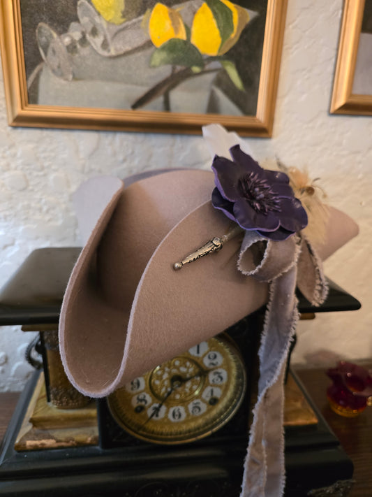 100% Wool Felt Mauve Tricorn Hat with Plumage & Brooch