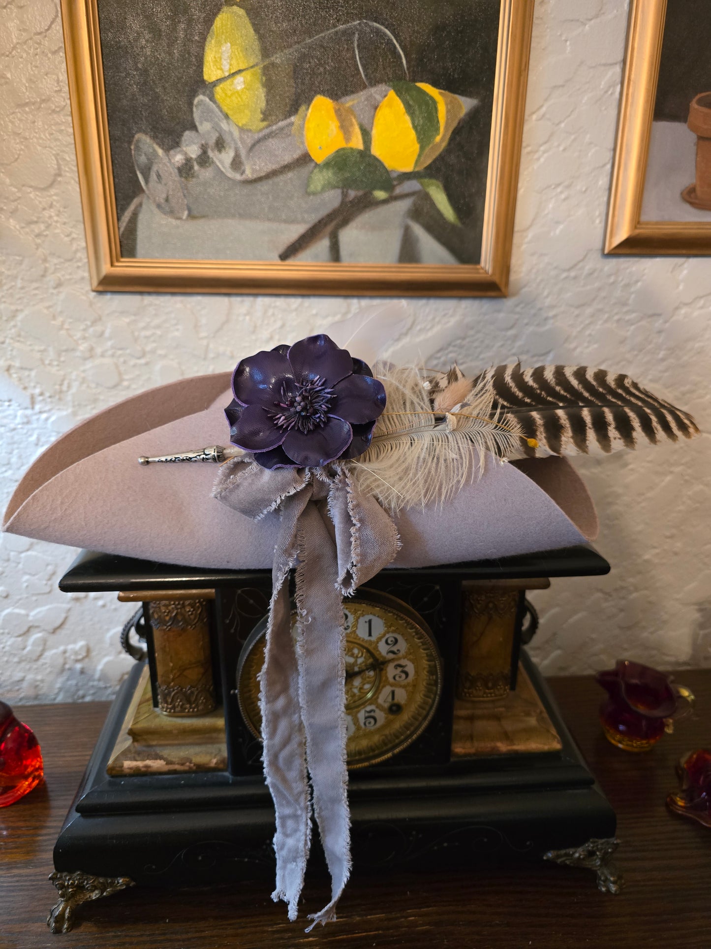 100% Wool Felt Mauve Tricorn Hat with Plumage & Brooch