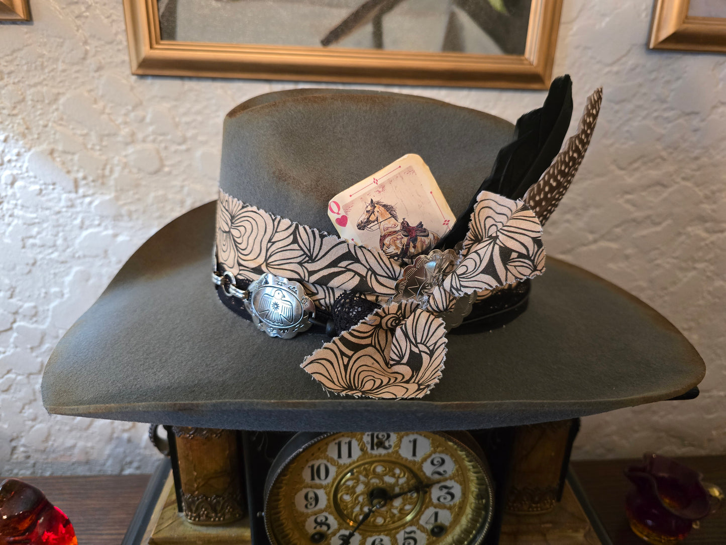 Premium Gray Wool Cowboy Hat with Floral Hatband & Concho Accents