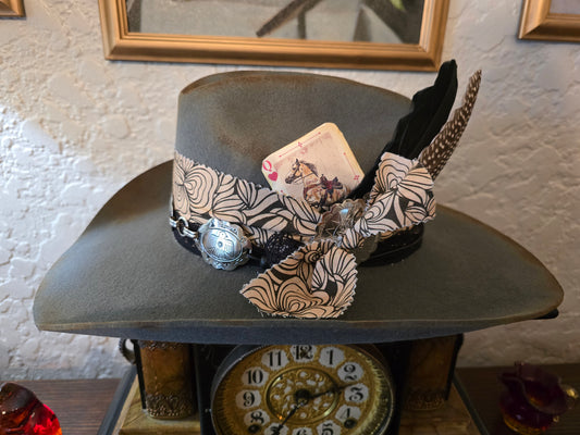 Premium Gray Wool Cowboy Hat with Floral Hatband & Concho Accents