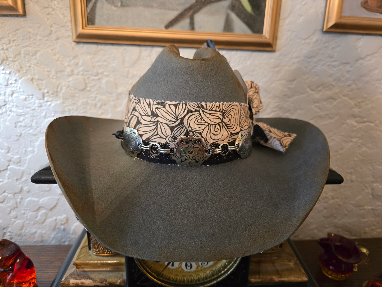 Premium Gray Wool Cowboy Hat with Floral Hatband & Concho Accents