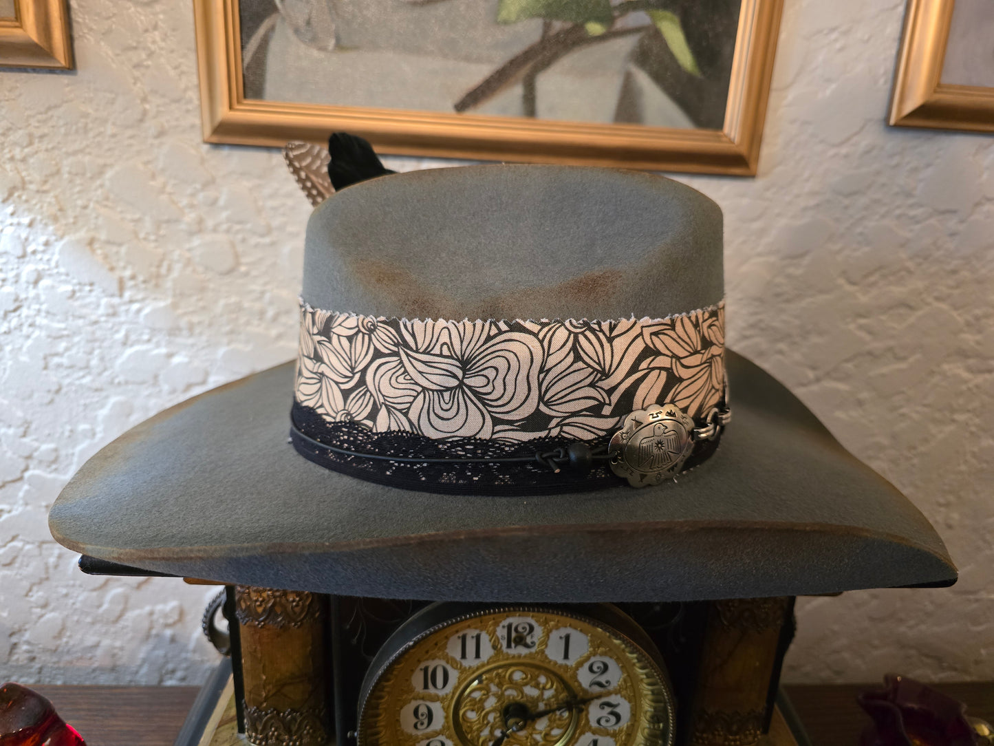 Premium Gray Wool Cowboy Hat with Floral Hatband & Concho Accents