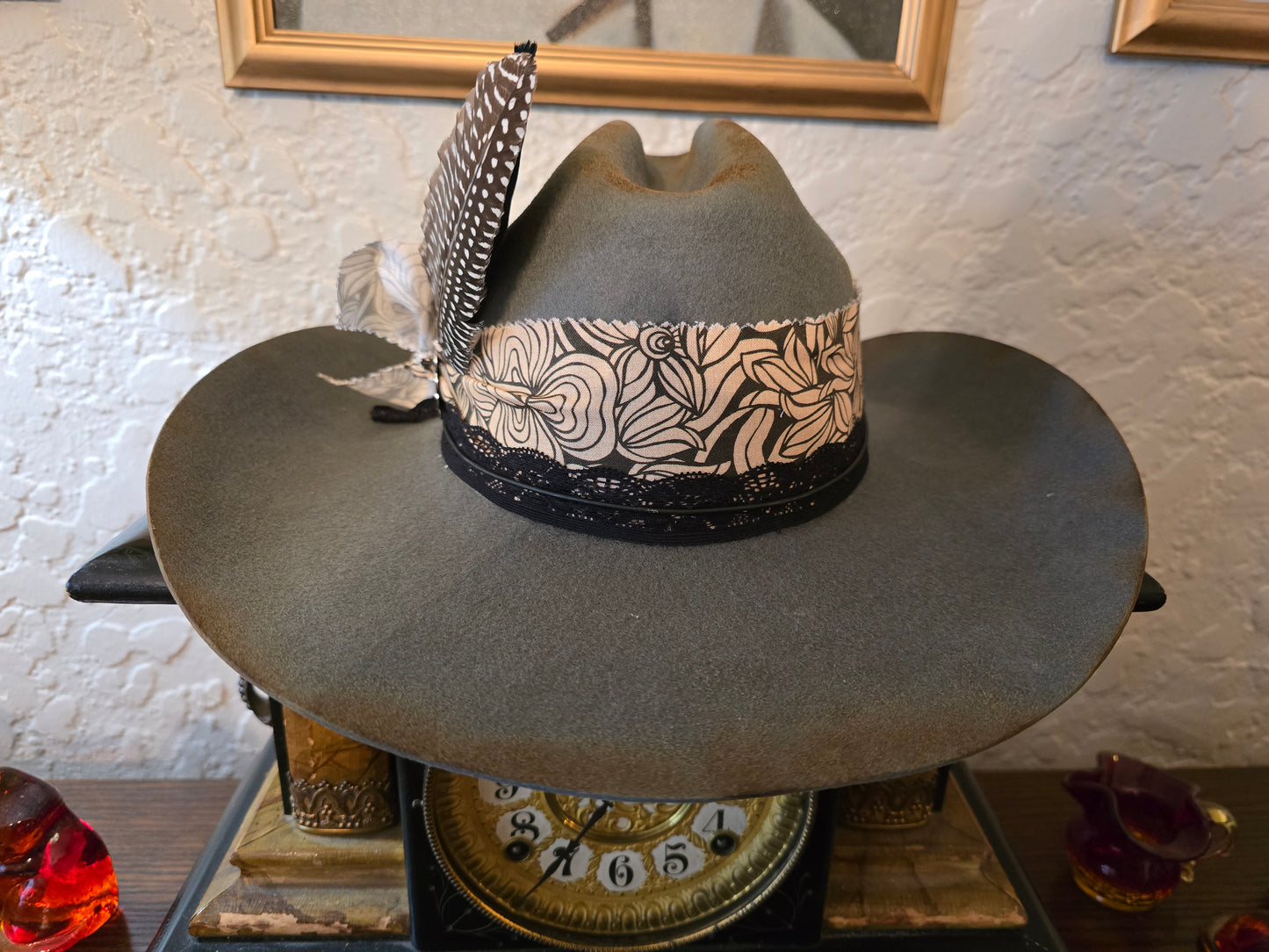 Premium Gray Wool Cowboy Hat with Floral Hatband & Concho Accents
