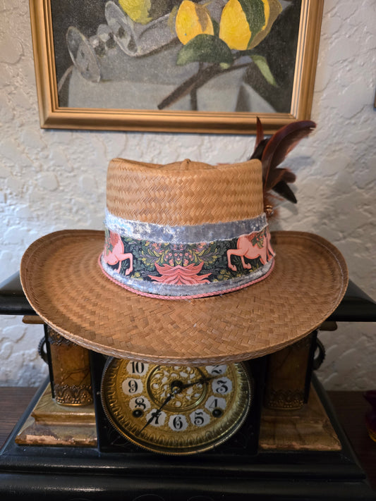 Straw Gambler Hat with Purlicue Pinch Custom Fabric Hatband