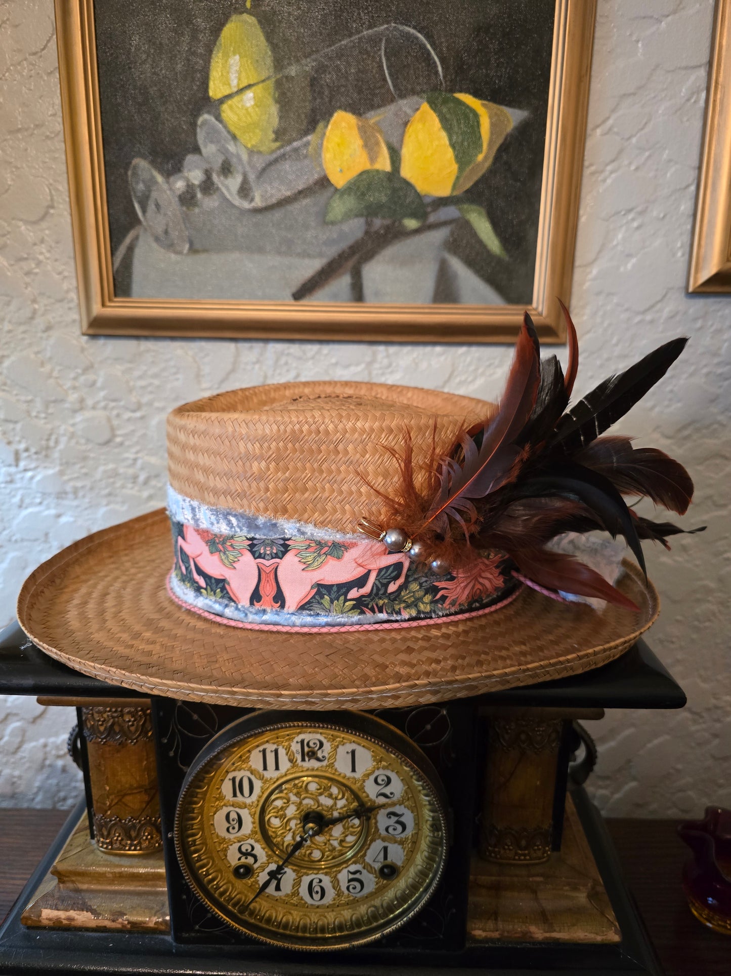 Straw Gambler Hat with Purlicue Pinch Custom Fabric Hatband