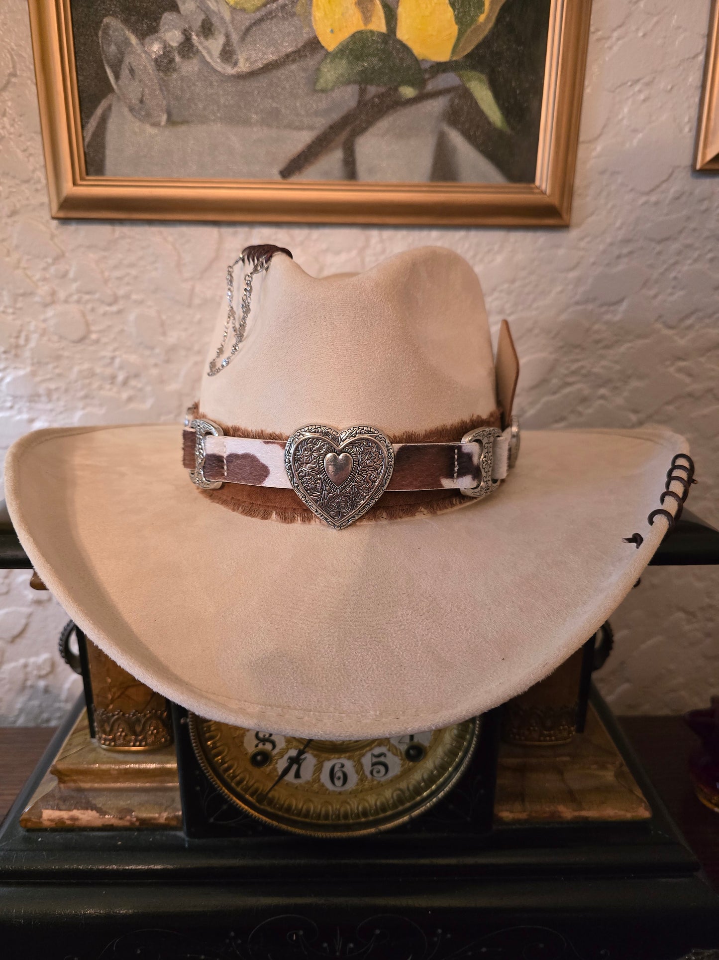 Premium Faux Suede Silver Belly Cowboy Hat with Cowhide Hatband & Heart Conchos