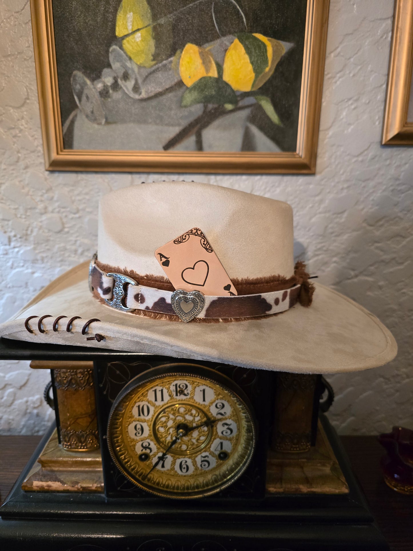 Premium Faux Suede Silver Belly Cowboy Hat with Cowhide Hatband & Heart Conchos