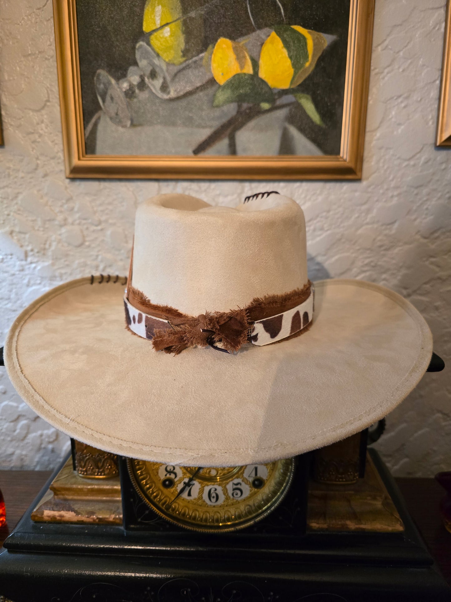 Premium Faux Suede Silver Belly Cowboy Hat with Cowhide Hatband & Heart Conchos
