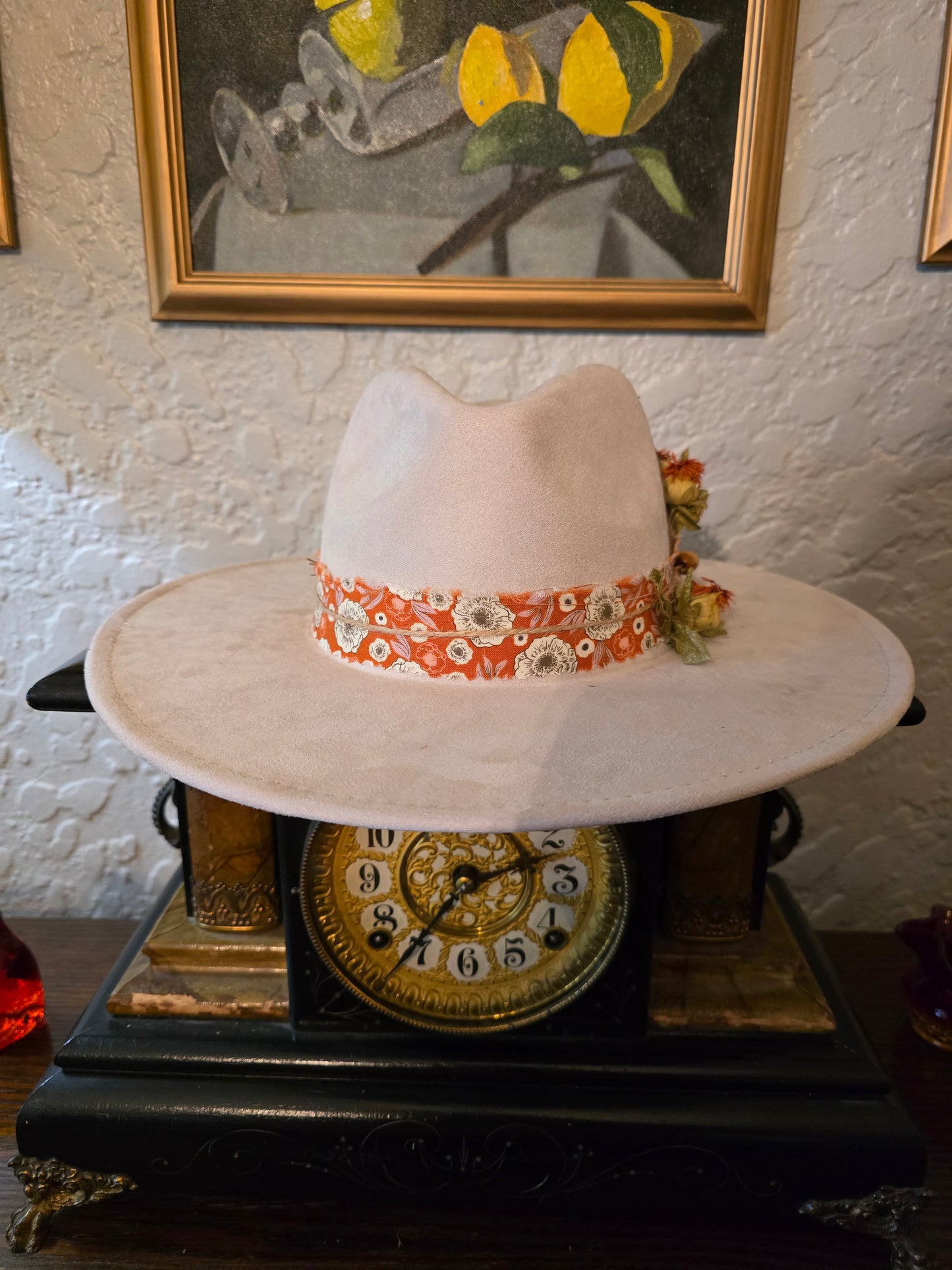 Cream Faux Suede Wide Brim Hat with Dried Flowers & Velvet Bow