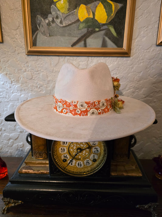 Cream Faux Suede Wide Brim Hat with Dried Flowers & Velvet Bow