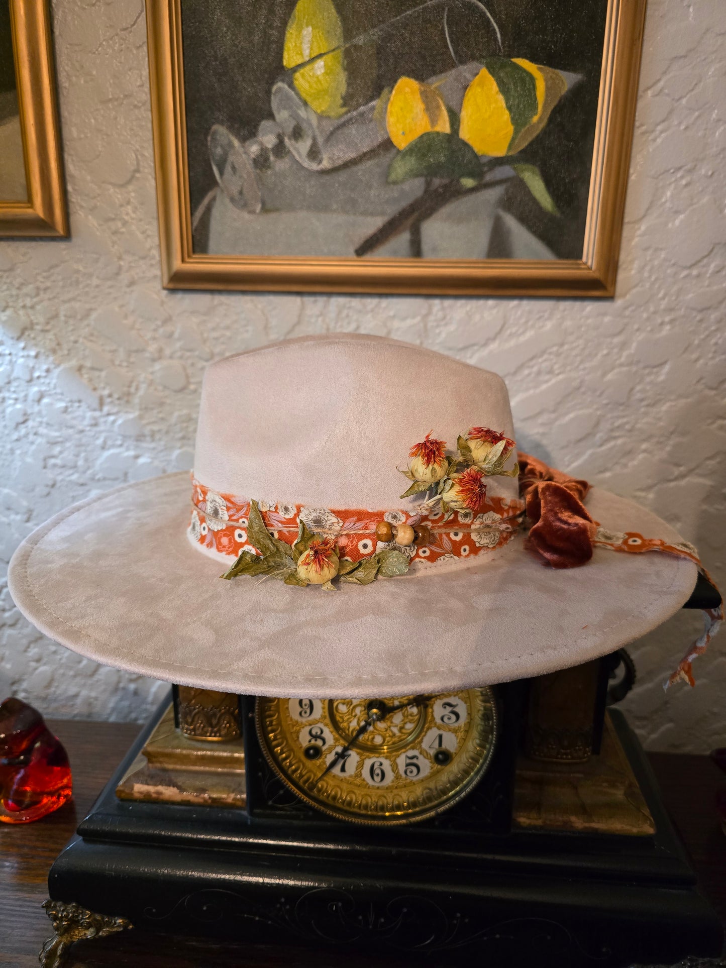 Cream Faux Suede Wide Brim Hat with Dried Flowers & Velvet Bow