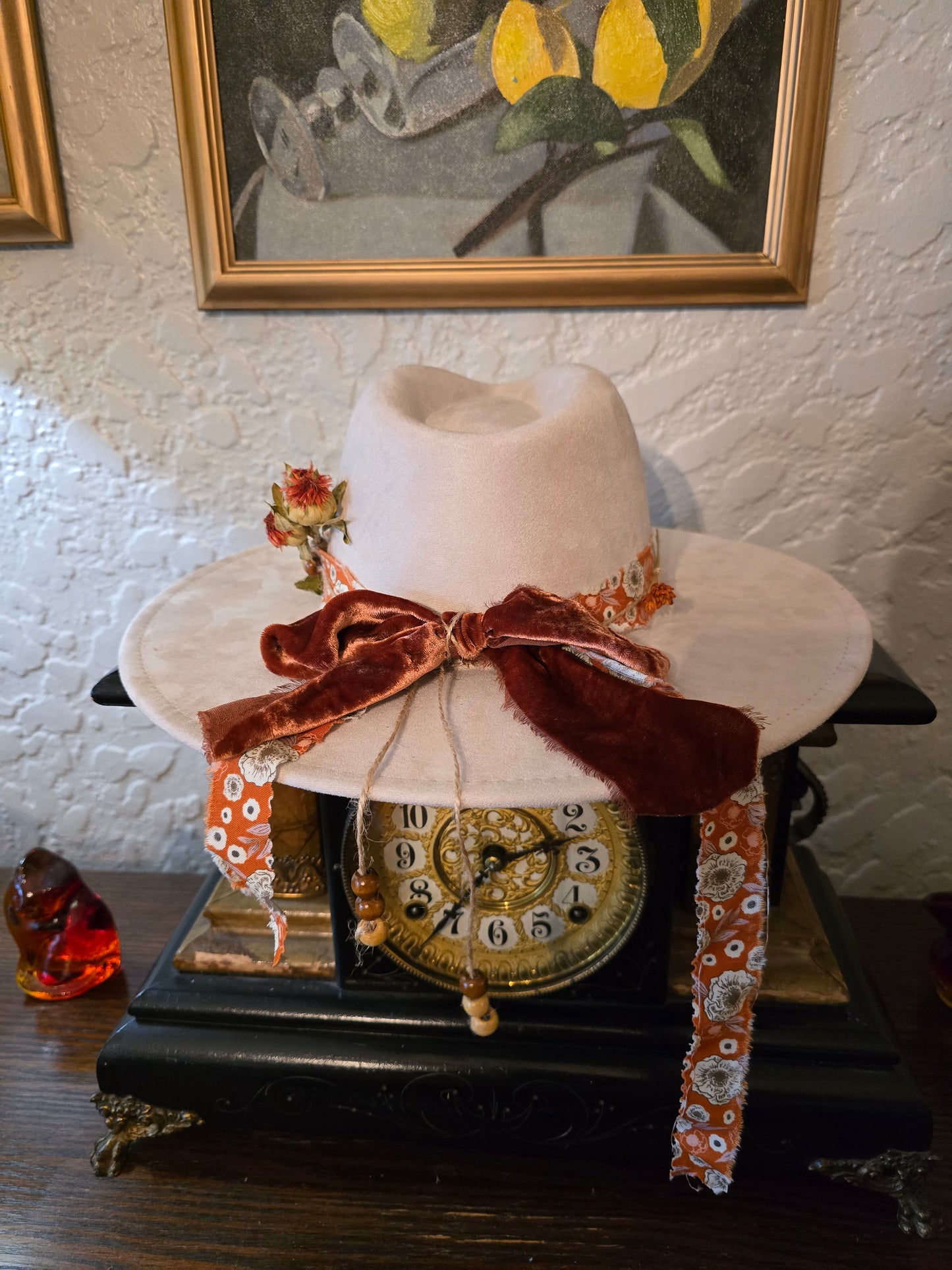 Cream Faux Suede Wide Brim Hat with Dried Flowers & Velvet Bow