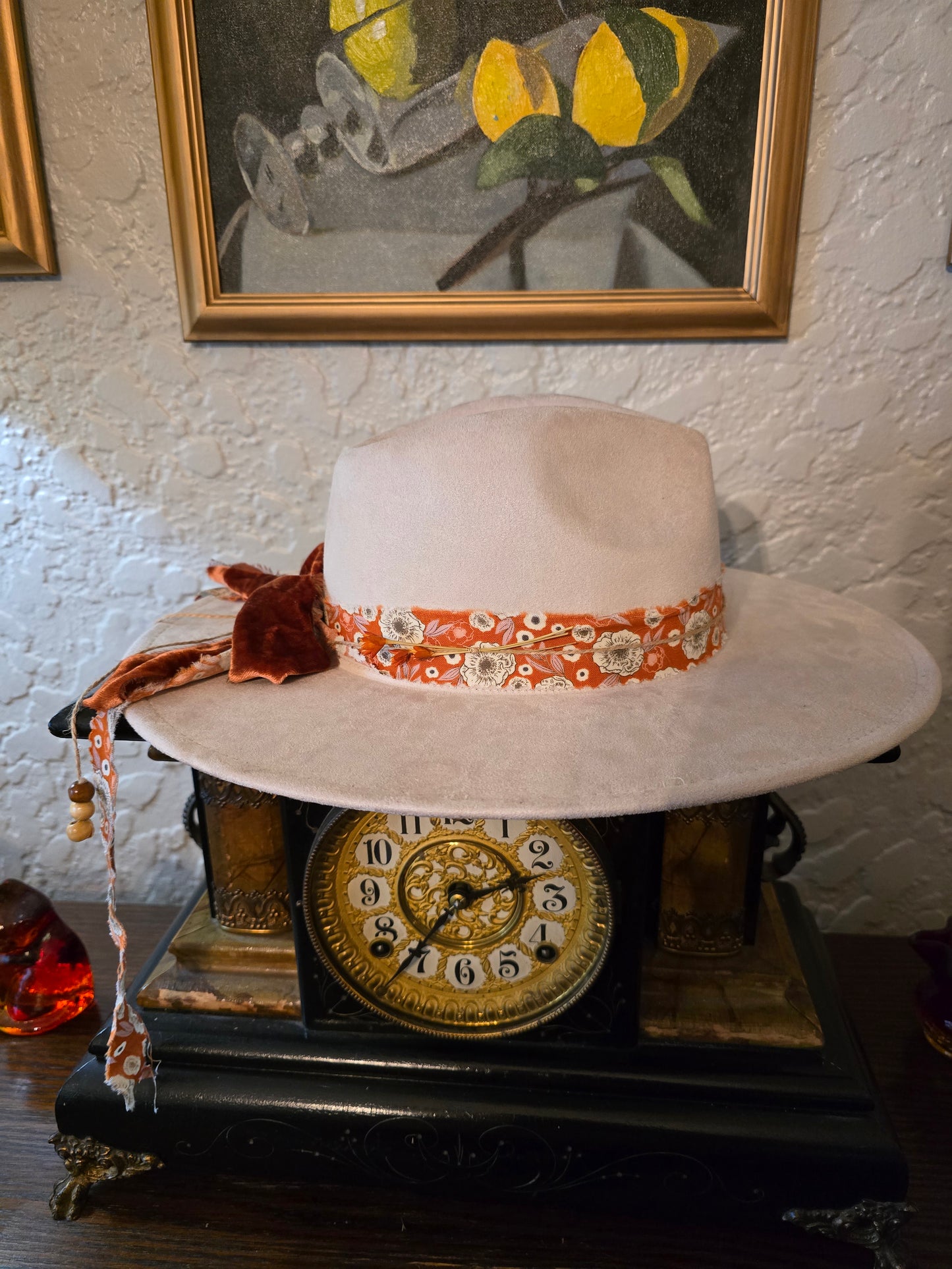 Cream Faux Suede Wide Brim Hat with Dried Flowers & Velvet Bow