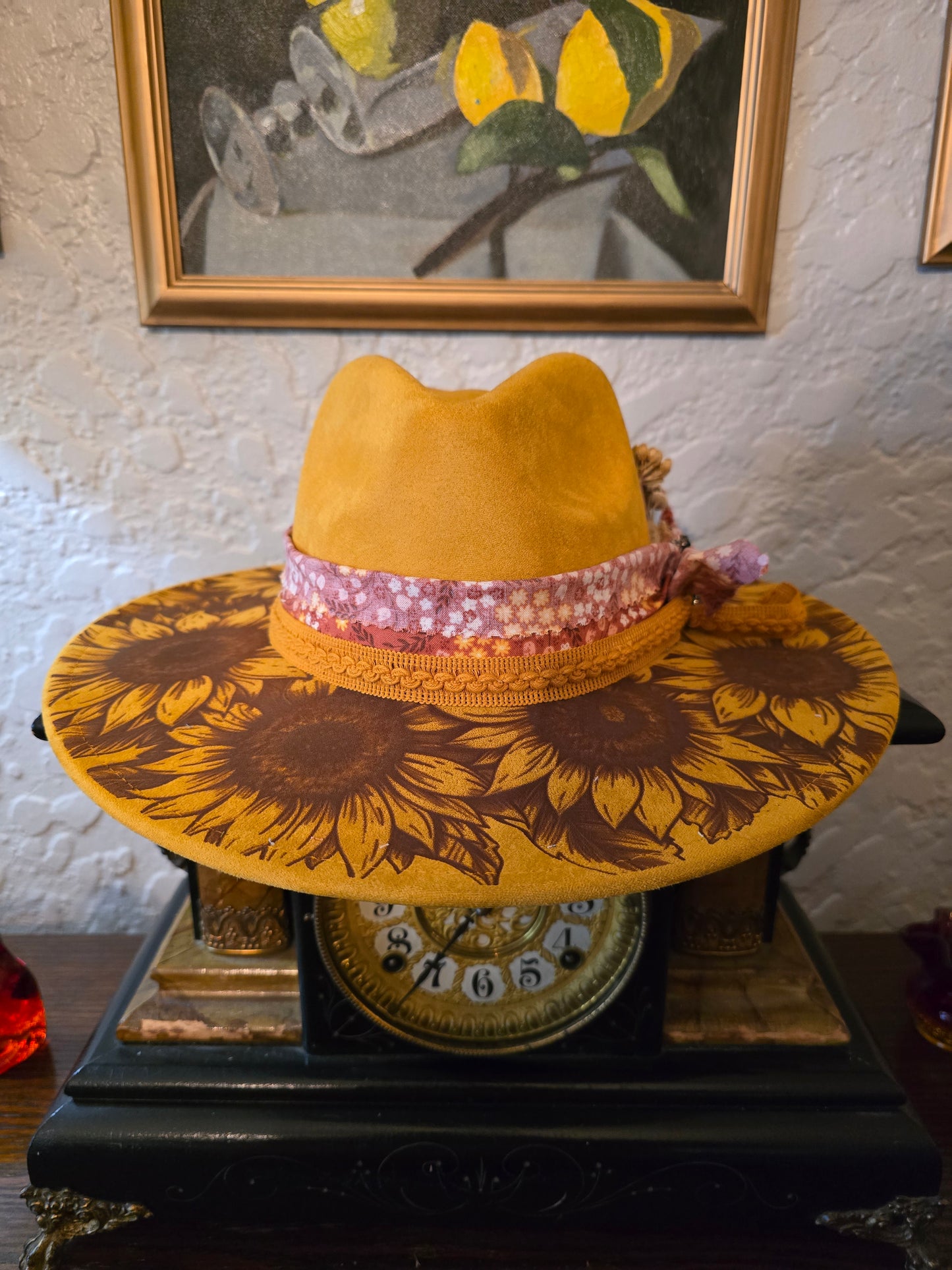 Golden Faux Suede Wide Brim Hat with Burned Sunflower Design