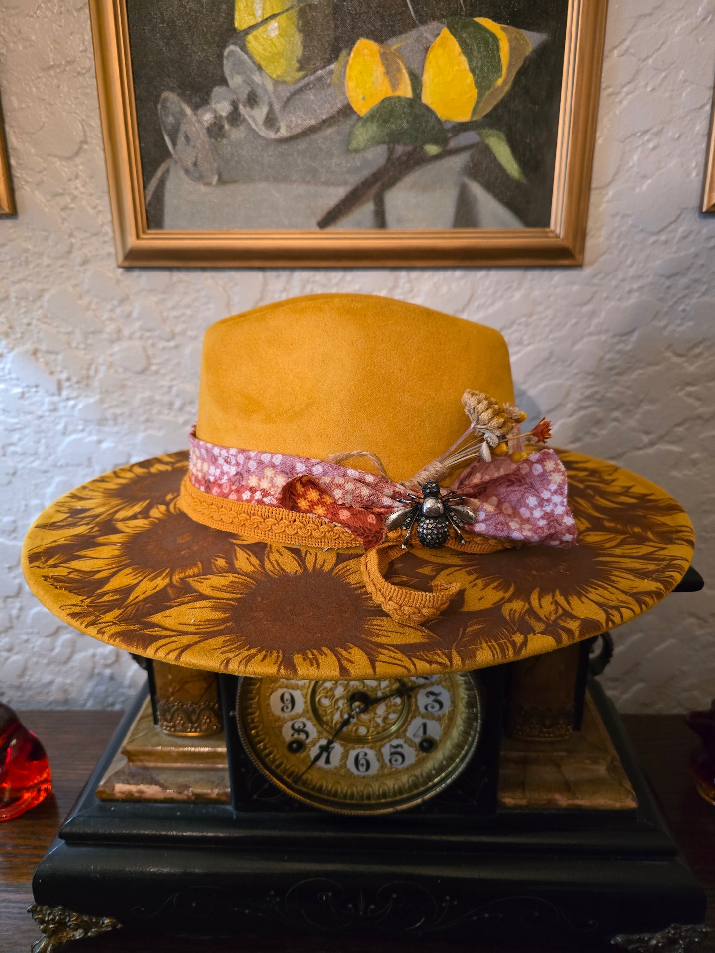 Golden Faux Suede Wide Brim Hat with Burned Sunflower Design