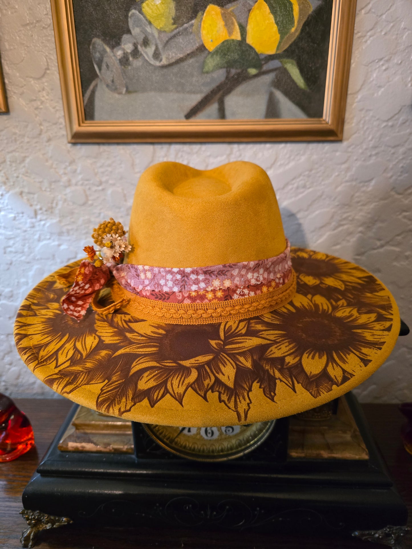 Golden Faux Suede Wide Brim Hat with Burned Sunflower Design