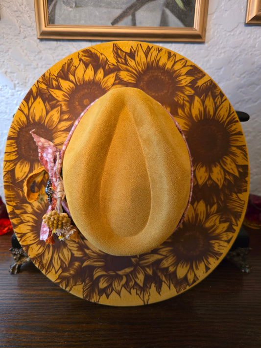 Golden Faux Suede Wide Brim Hat with Burned Sunflower Design