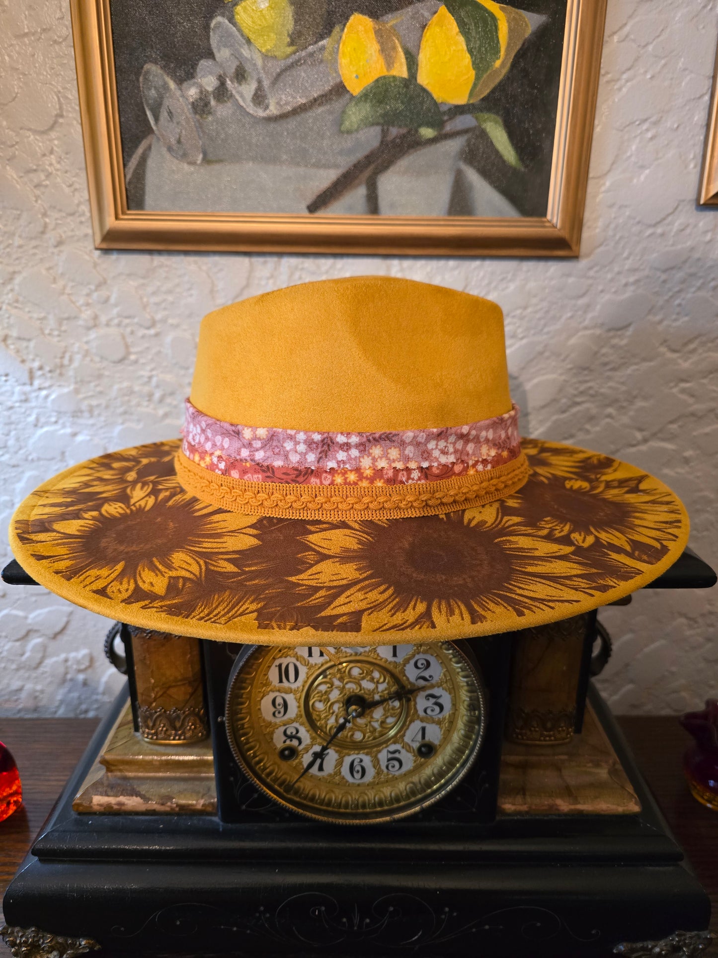 Golden Faux Suede Wide Brim Hat with Burned Sunflower Design