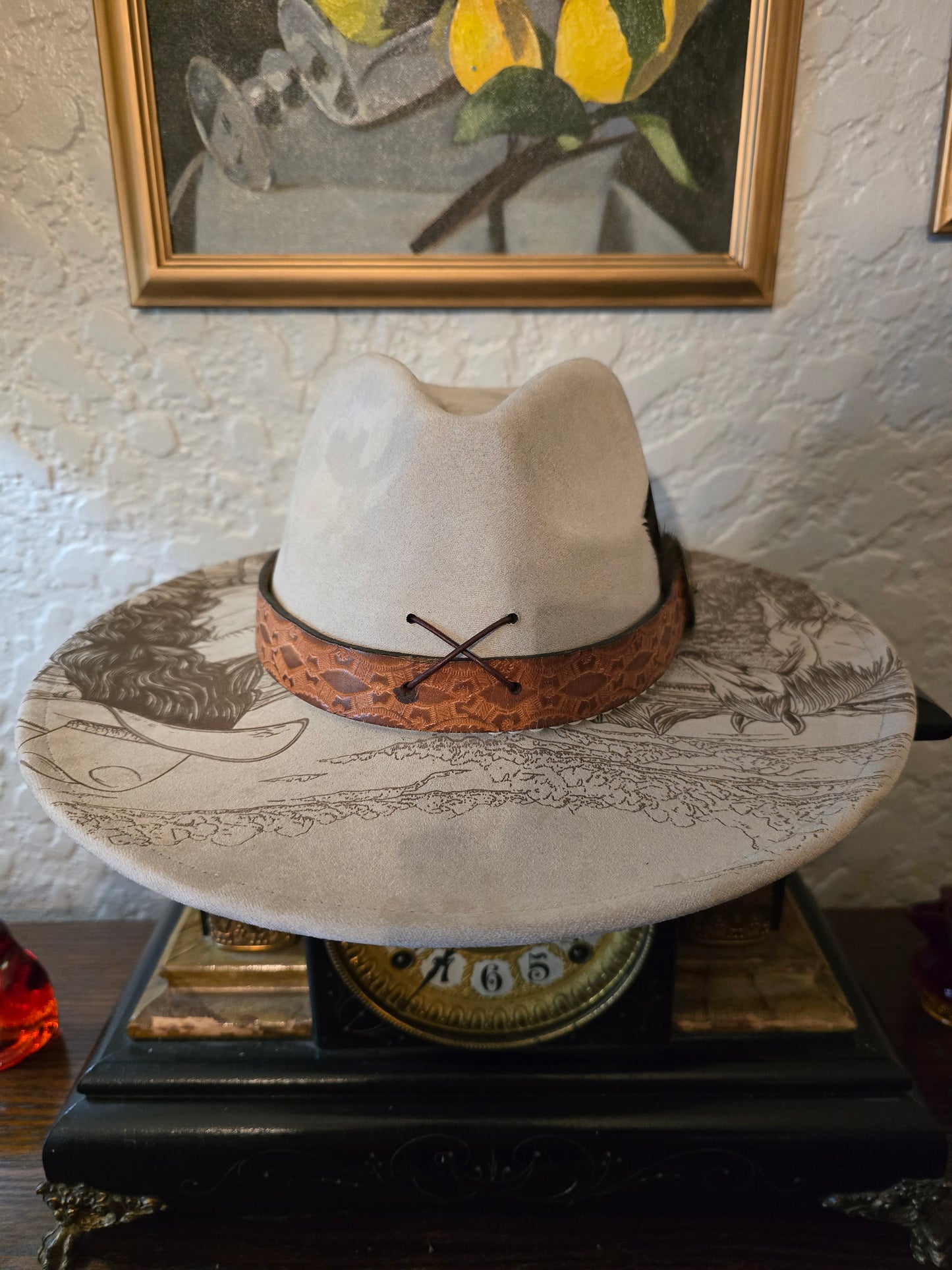 Cream Faux Suede Wide Brim Hat with Burned Cowgirl & Horse Scene