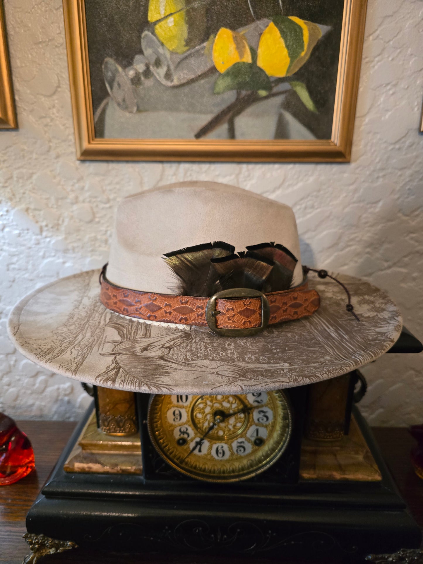 Cream Faux Suede Wide Brim Hat with Burned Cowgirl & Horse Scene