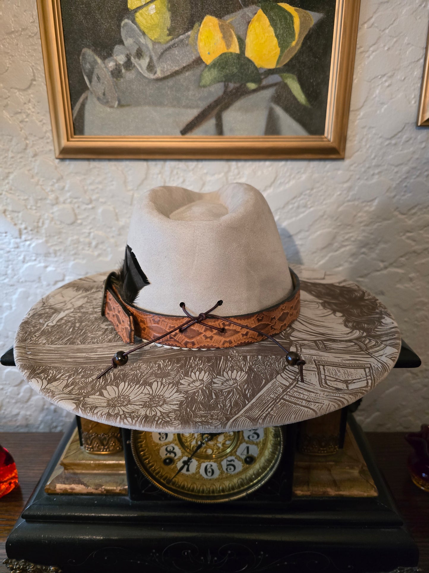 Cream Faux Suede Wide Brim Hat with Burned Cowgirl & Horse Scene