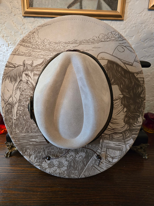 Cream Faux Suede Wide Brim Hat with Burned Cowgirl & Horse Scene
