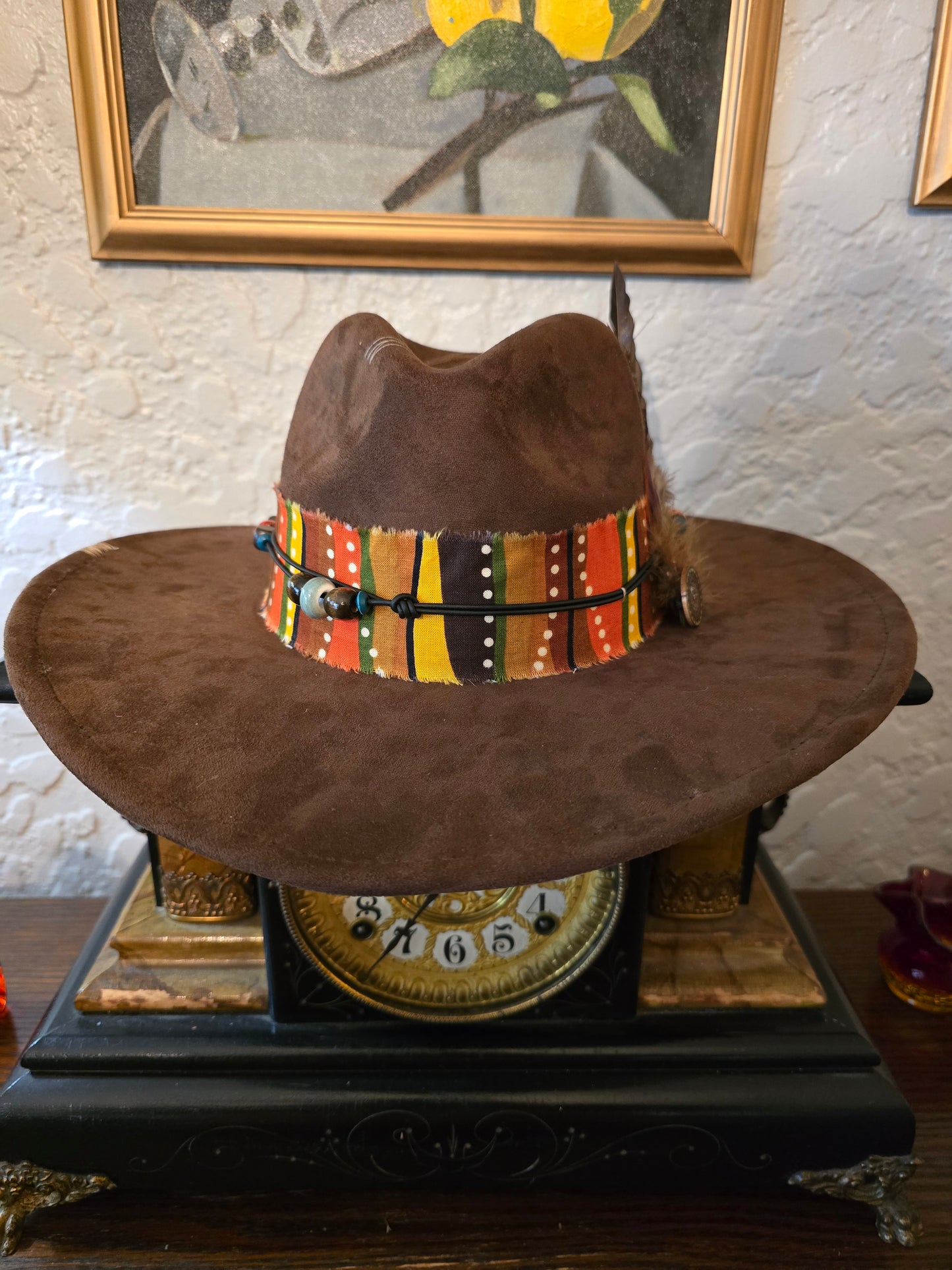 Brown Faux Suede Wide Brim Hat with Fabric Hatband & Feather Bundle