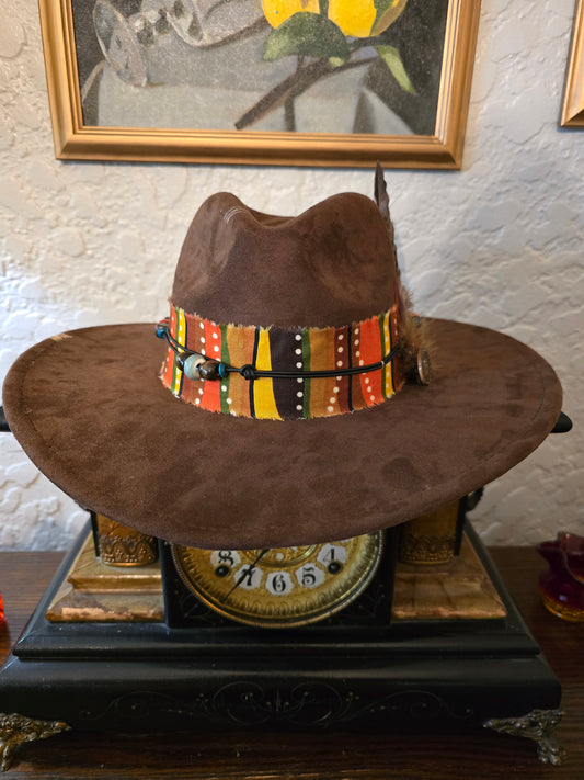 Brown Faux Suede Wide Brim Hat with Fabric Hatband & Feather Bundle