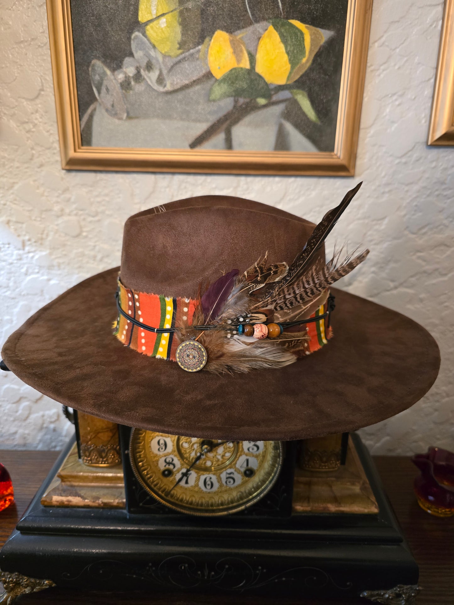 Brown Faux Suede Wide Brim Hat with Fabric Hatband & Feather Bundle