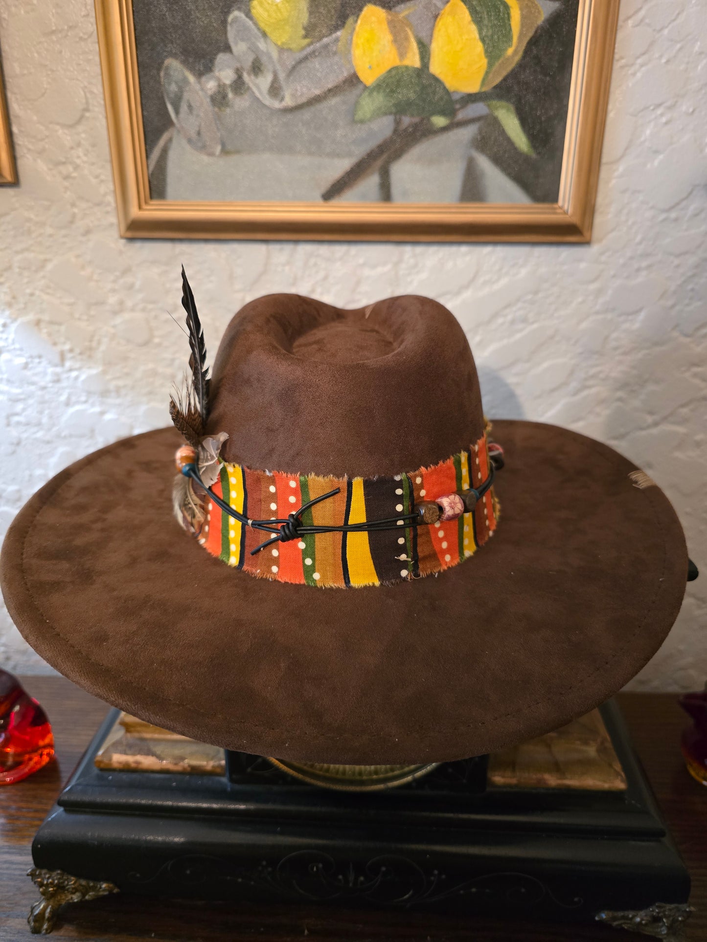 Brown Faux Suede Wide Brim Hat with Fabric Hatband & Feather Bundle