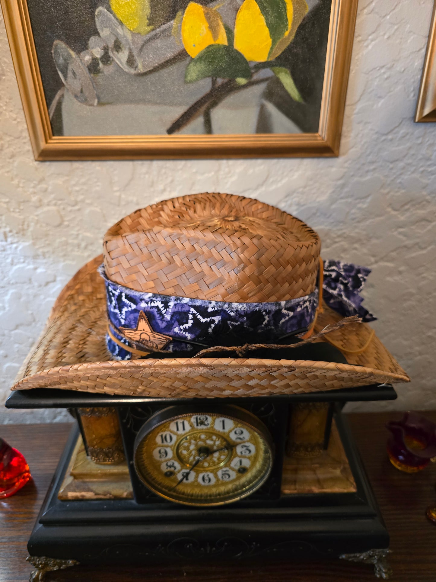 Rugged Straw Cowboy Hat with Star Print Hatband & Black Feathers