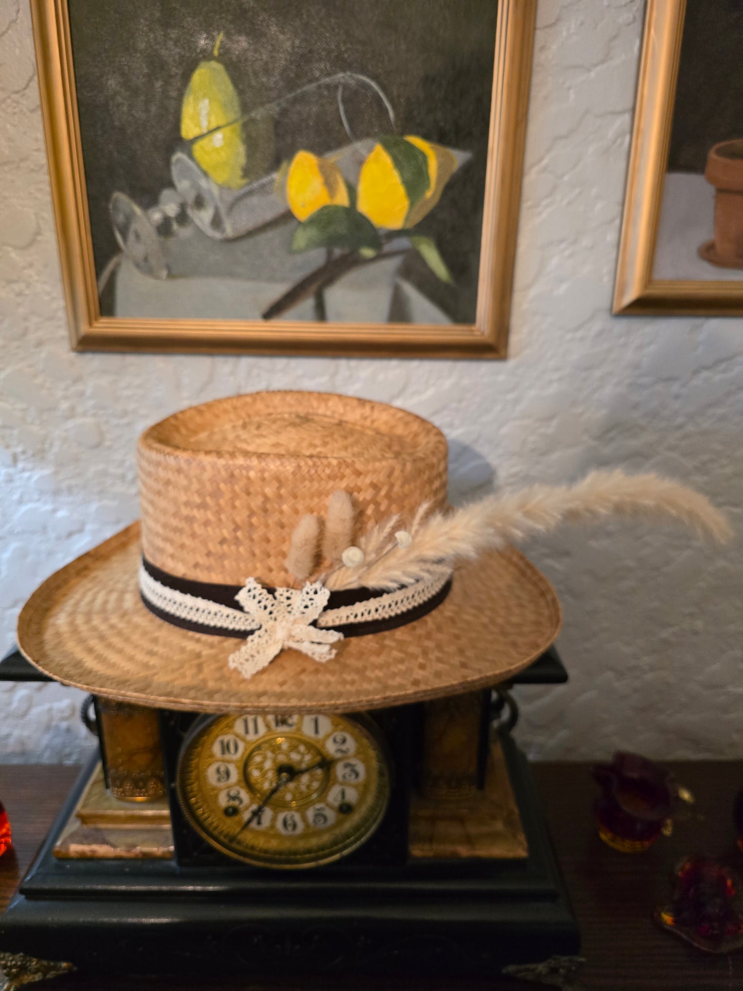 Straw Gambler Hat with Lace Hatband & Pampas Feather