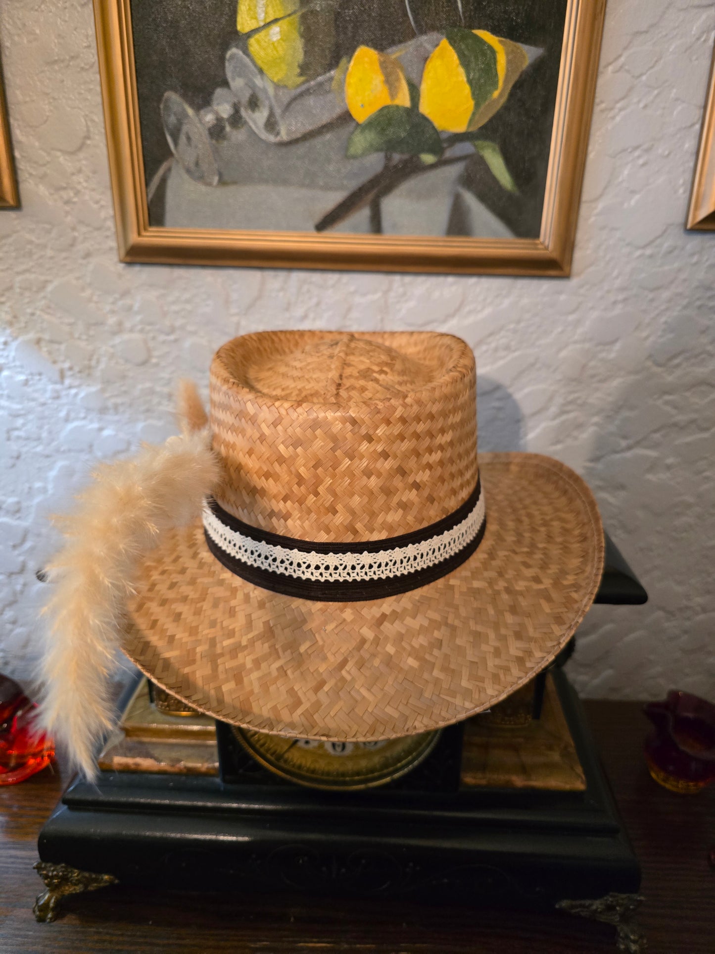 Straw Gambler Hat with Lace Hatband & Pampas Feather