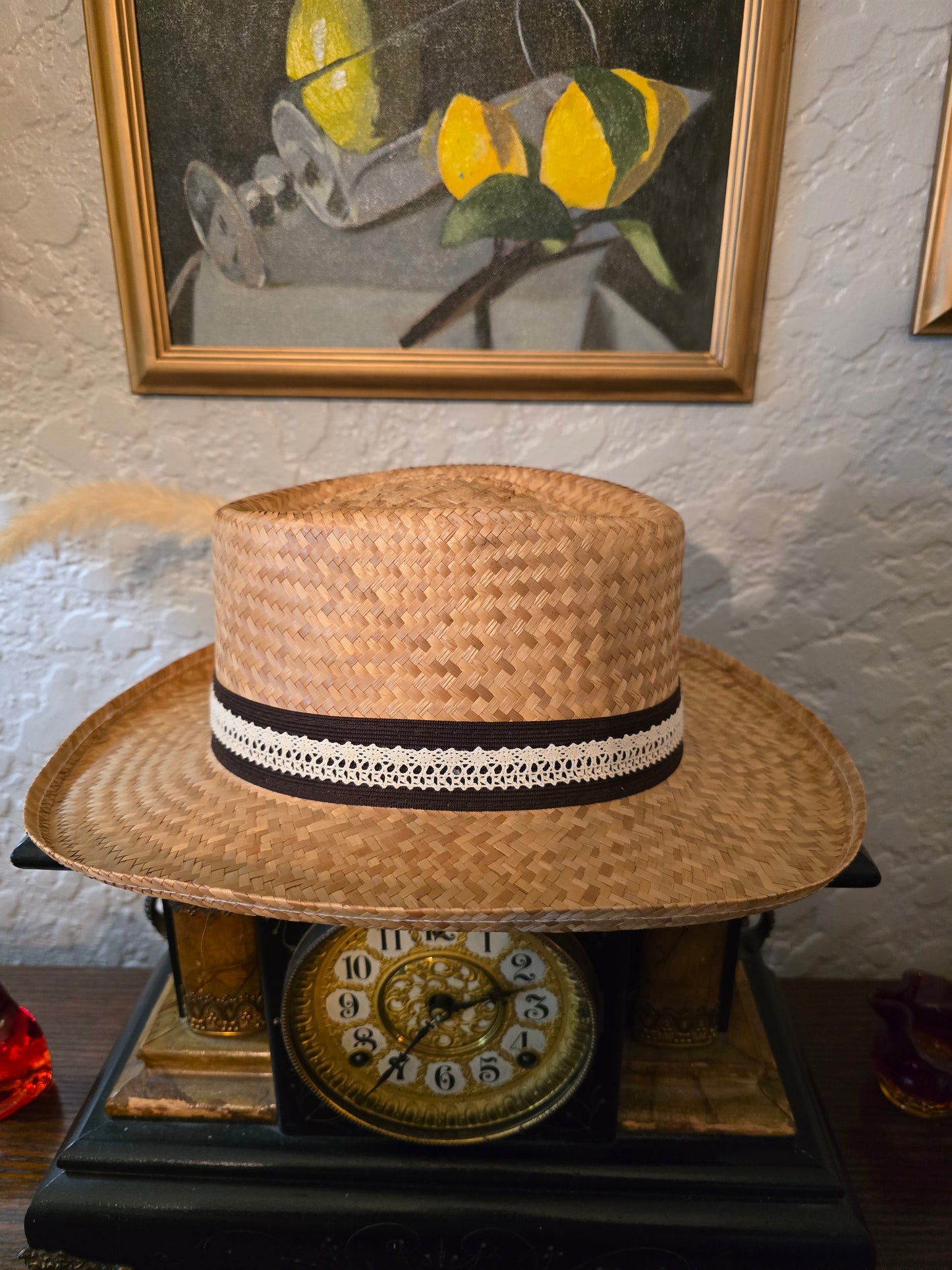 Straw Gambler Hat with Lace Hatband & Pampas Feather