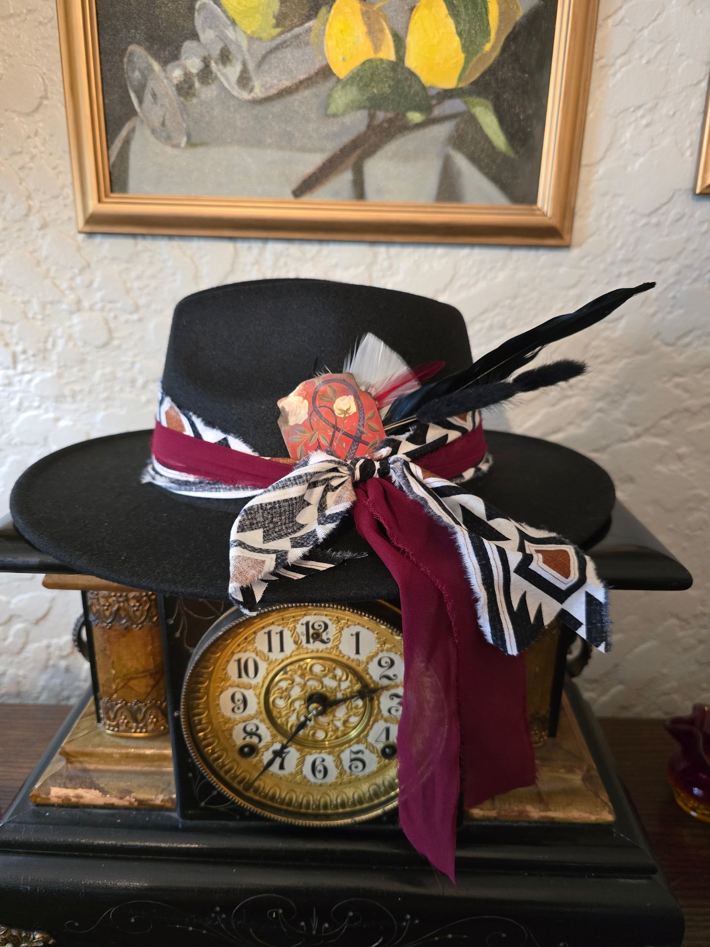 Sleek Black Poly/Wool Blend Fedora with Geometric Hatband & Feathers