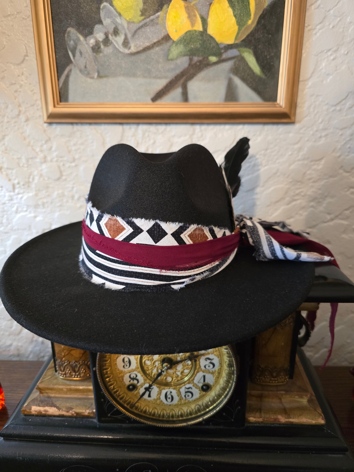 Sleek Black Poly/Wool Blend Fedora with Geometric Hatband & Feathers