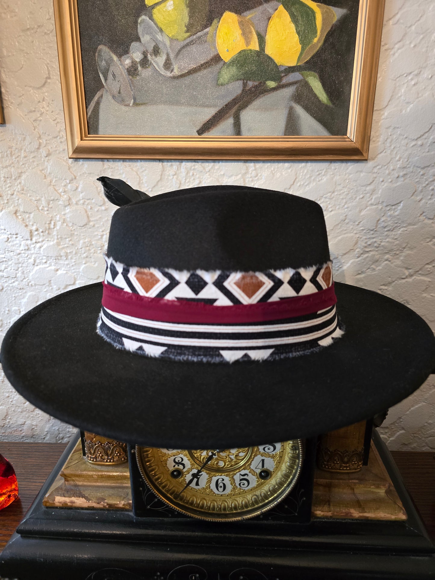 Sleek Black Poly/Wool Blend Fedora with Geometric Hatband & Feathers