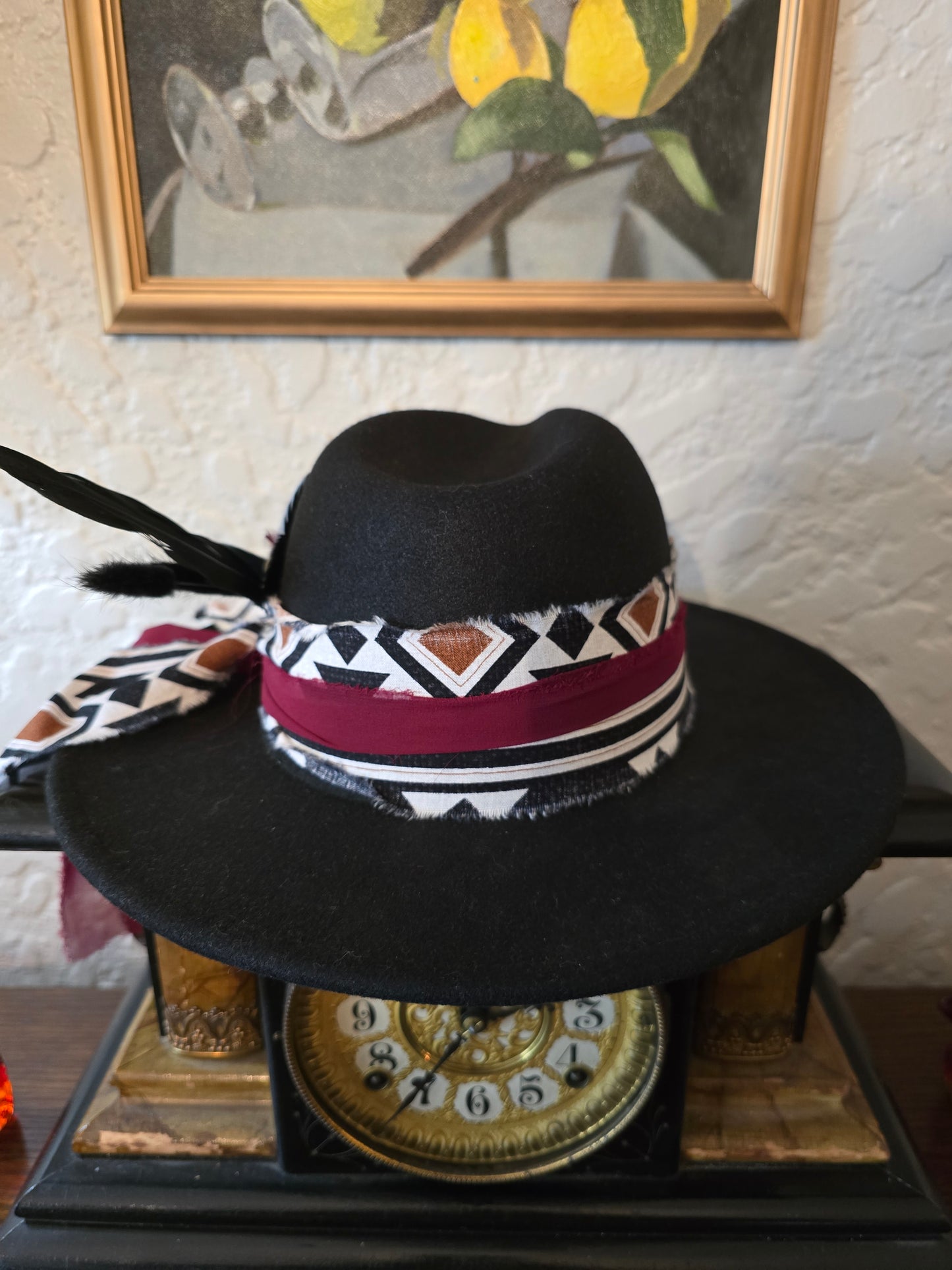 Sleek Black Poly/Wool Blend Fedora with Geometric Hatband & Feathers