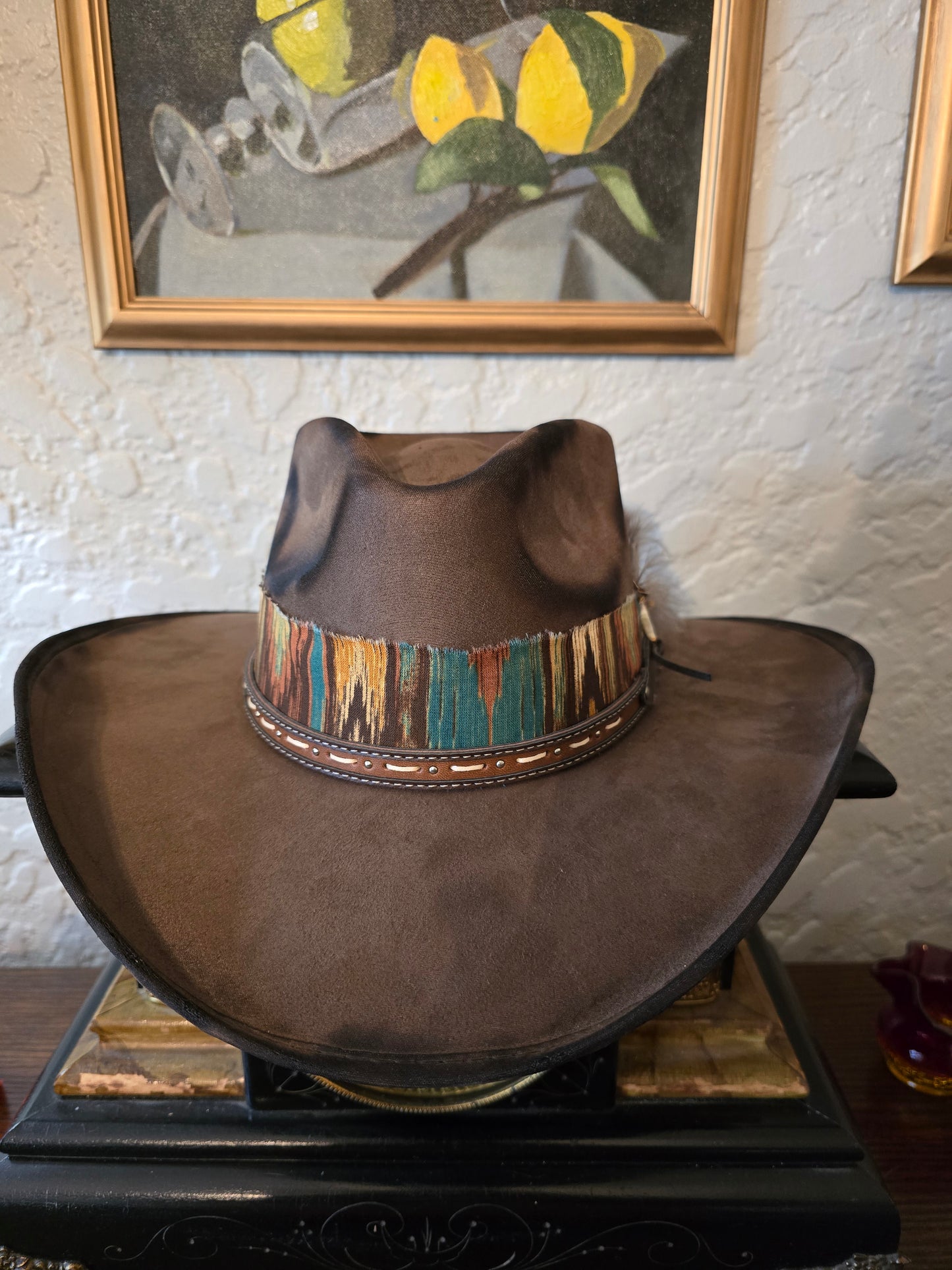 Premium Distressed Faux Suede Cowboy Hat with Woven Hatband & Turkey Feather